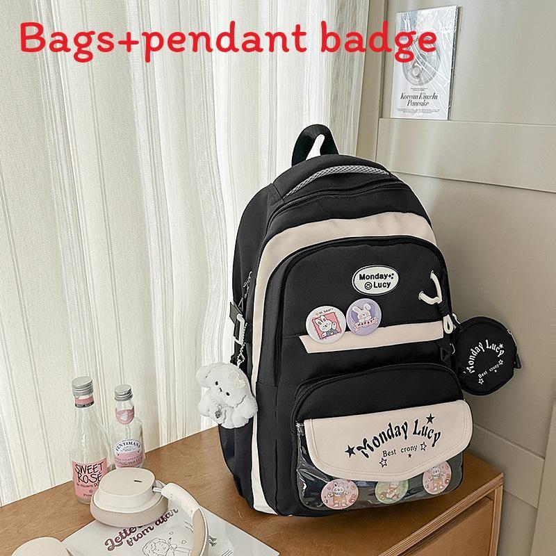 Color Simple Blocked Letter Pattern Student Backpack With Badge Pendant And
