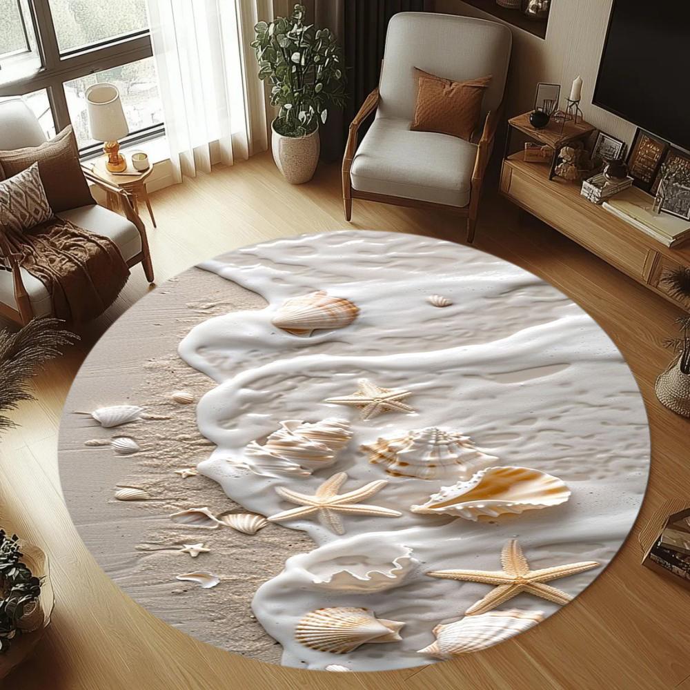 Wave Beach Printed Circular Carpet Nordic Style Minimalist Shell Starfish Carpet Living Room Bedroom Entrance Anti Slip Rug