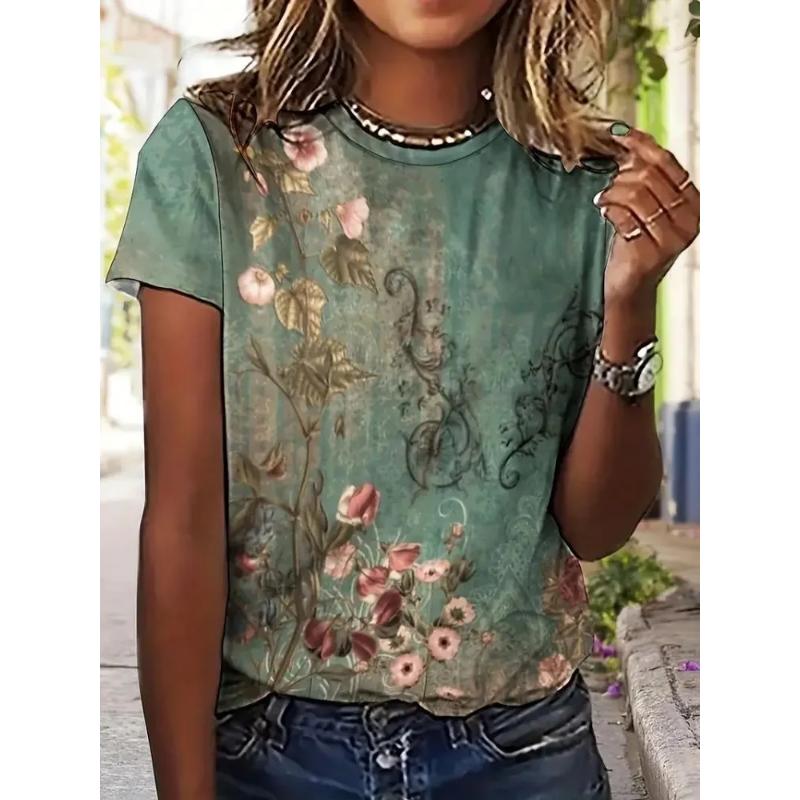 Fashion Women's Crew Neck T-Shirt 3D Flower Color Printing Crew Neck Short Sleeve