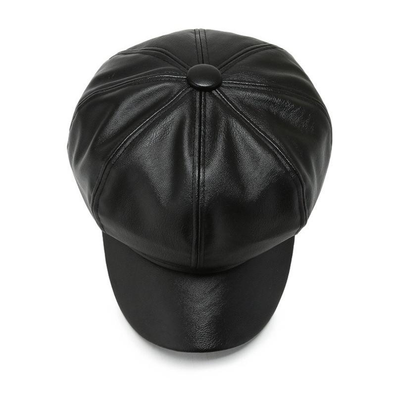 Retro PU Leather Octagonal Newsboy Hat Women's British Style Beret with Brim, Autumn and Winter Versatile Face Painter Hat
