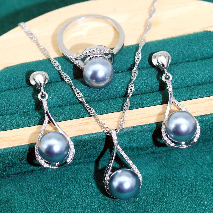 

Hip-hop Bride Zircon Pearl Necklace Earring Ring Three Piece Set 6 yards