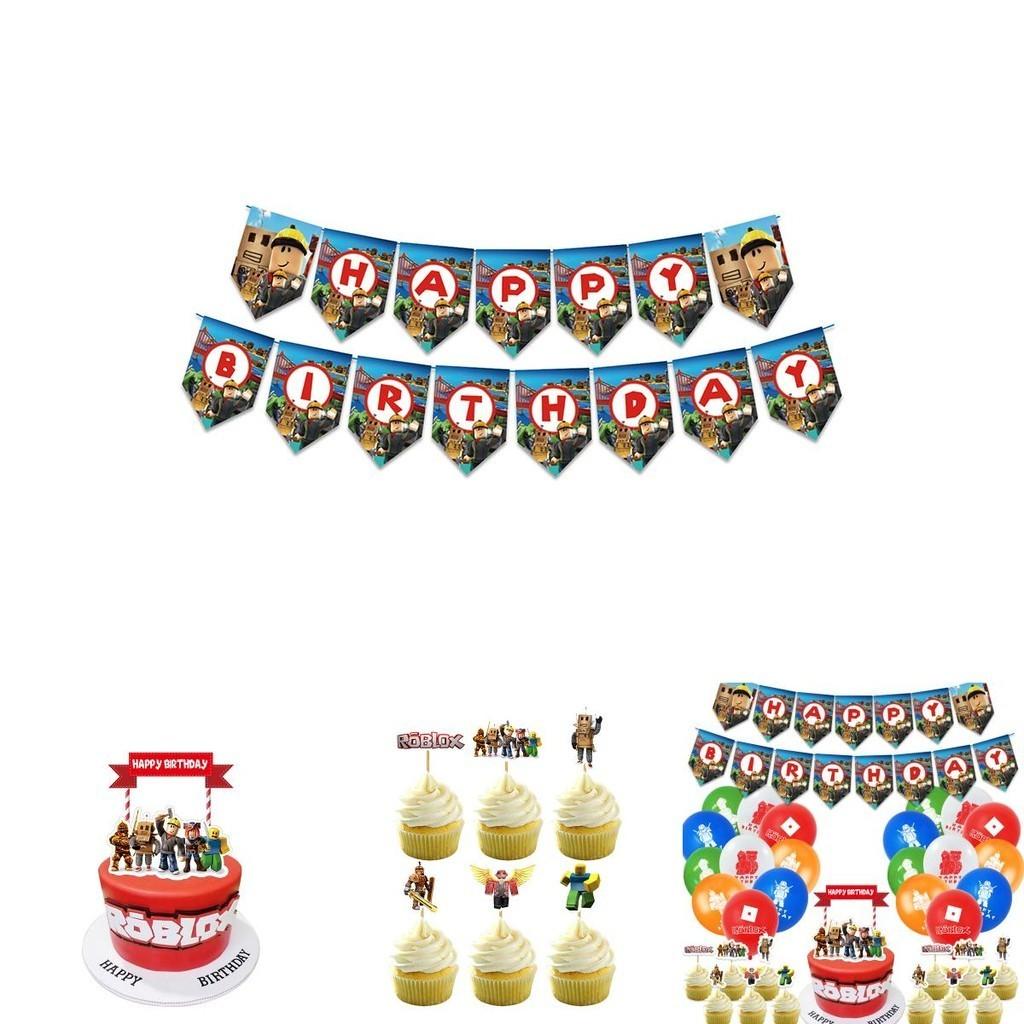 Roblox Geburtstagsfeier Zubehör Set mit lebhaften Banner Luftballons und Kuchenaufsätzen für Kinder