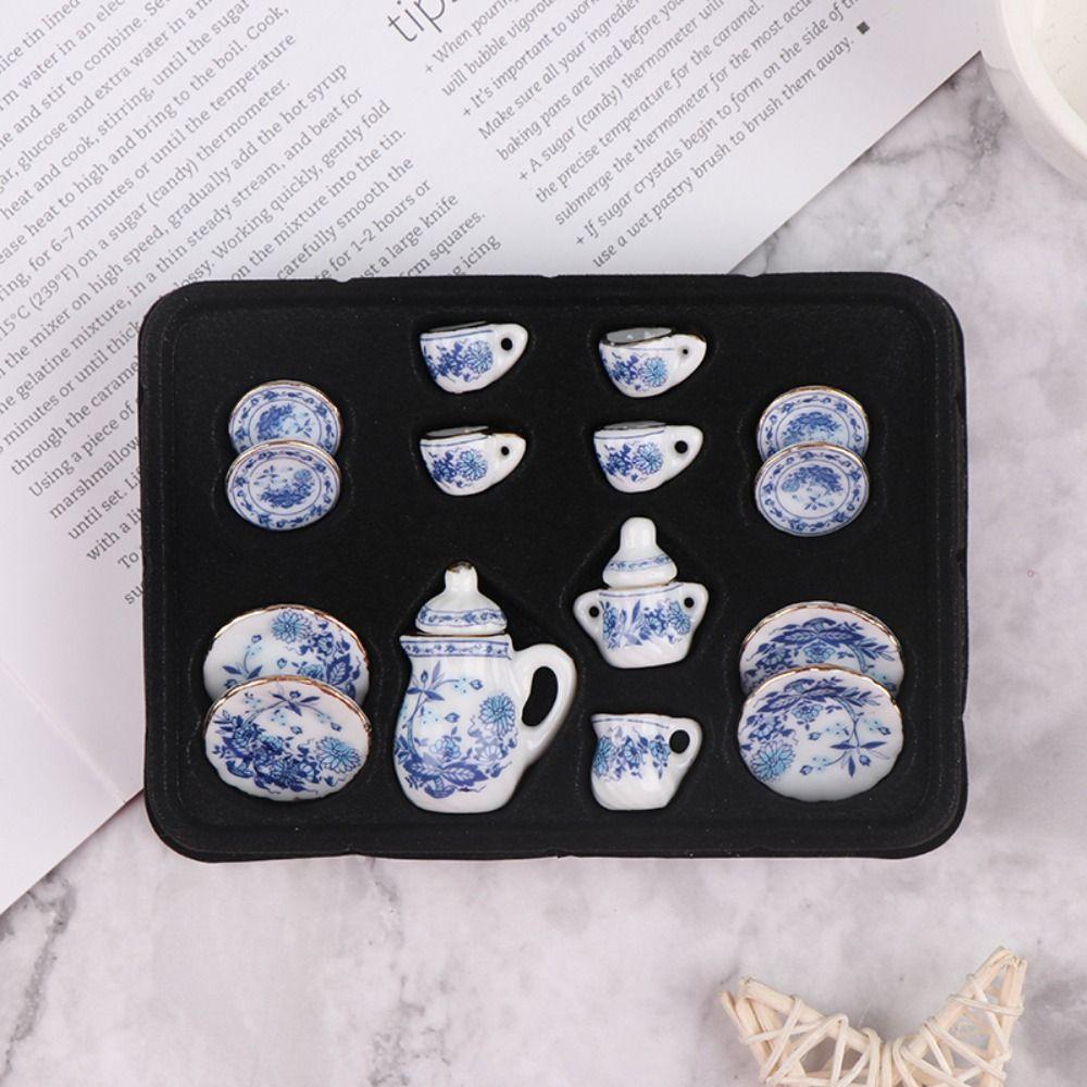 15Pcs Doll House Tableware Kitchen Dollhouse Teapot 1:12 Miniature Porcelain Tea Cup Set Dollhouse