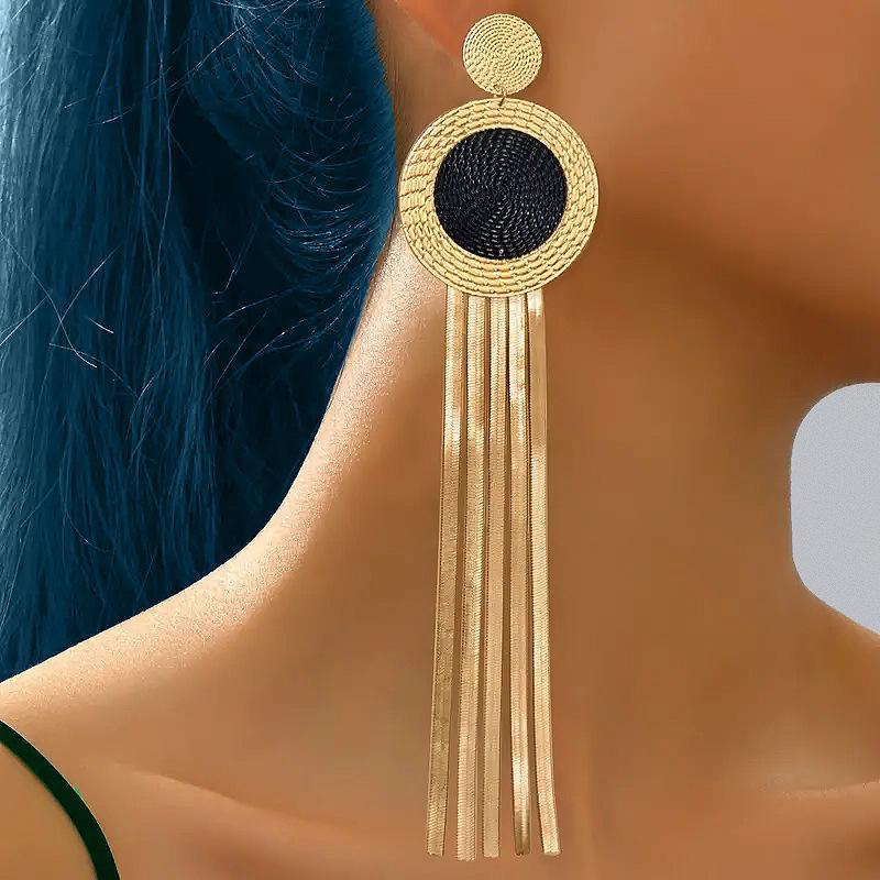 Personality Fashion Exaggerated Fringed Earrings Black Gold Color Scheme Disc Classic Temperament Elegant and Advanced
