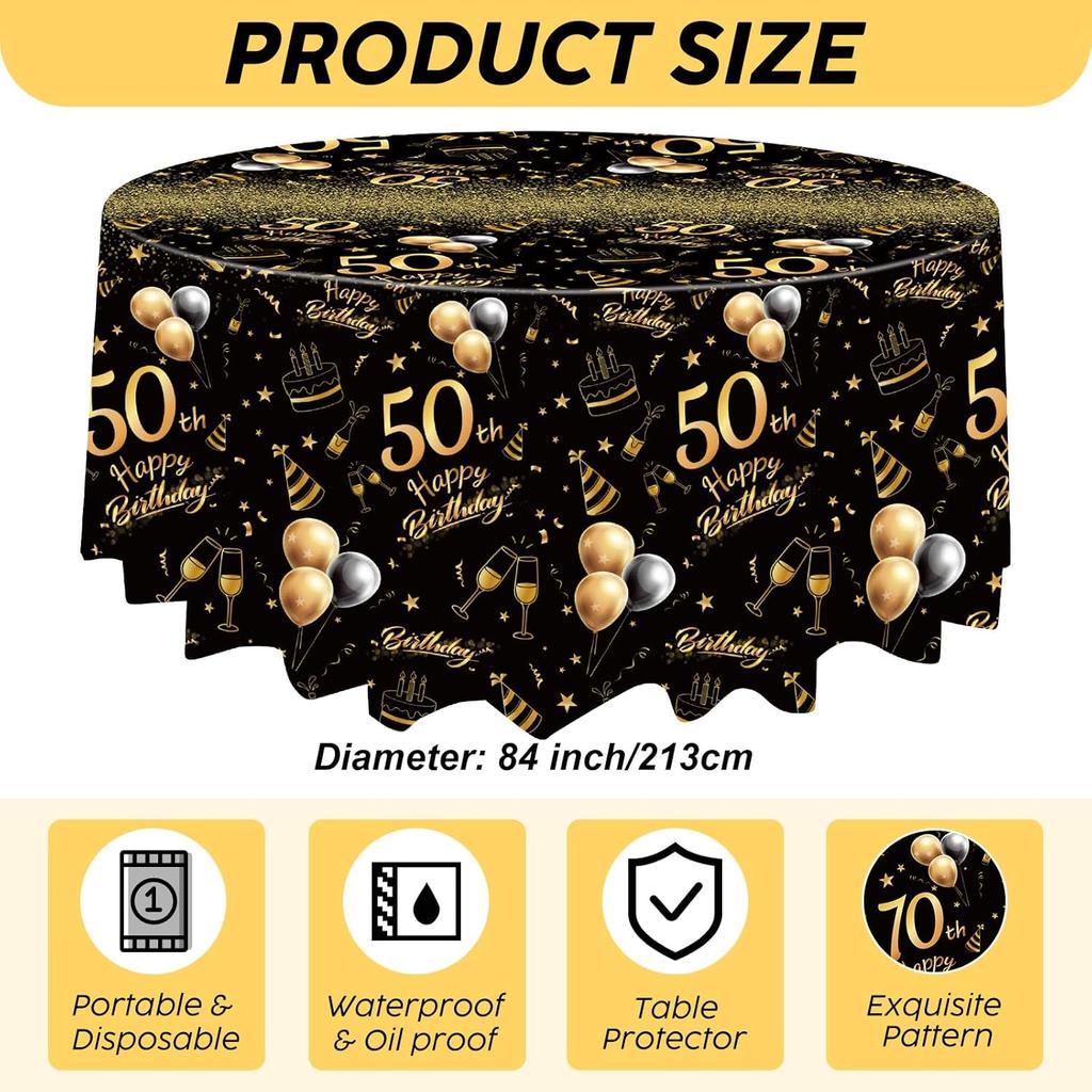 Oudain 3 Pack 50th/70th/80th Round Birthday Tablecloth Black and Gold Happy Birthday Party Decorations 84 inch Disposable Plastic Table Cover