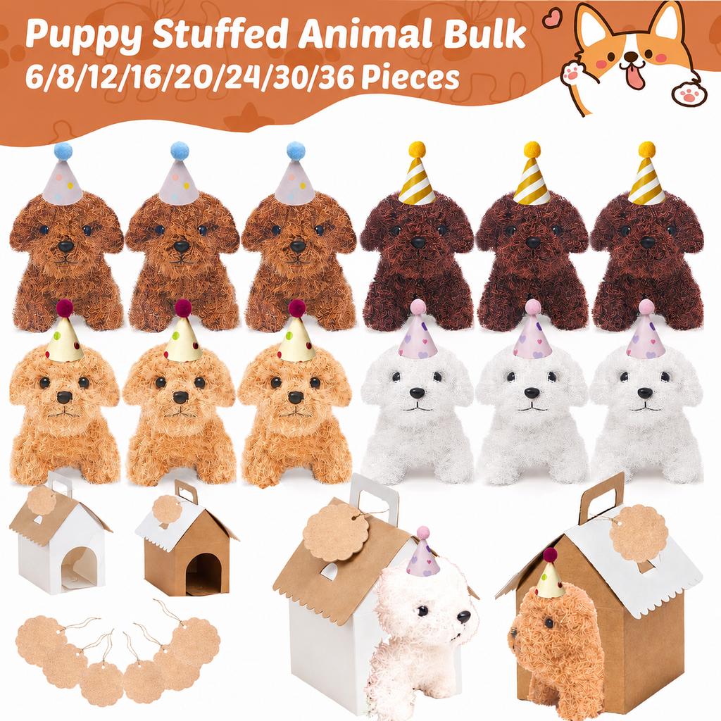 6-36 Pcs 4.7Inch Puppy Stuffed Animals Bulk with Hat Card Paper Boxes Adopt A Puppy Party Favors Kids Stuffed Dogs Birthday Gift