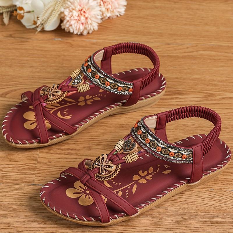 

Bohemian style new fashion Women s Sandals Open toed flat bottomed outdoor beach shoes Comfortableminimalist soft soled slippers 45 бордовий