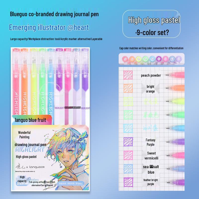 Blue Fruit Nine-Color Gel Journal Pens for Students - Doodle, Color, and Highlight with Fluorescent Markers