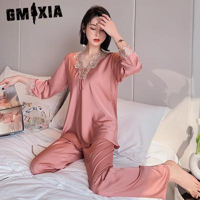 Spring and Autumn Pajama Women's Long-sleeved Ice Silk Lace Sexy Loose Pullover Silk Home Wear Summer Pajama Sets