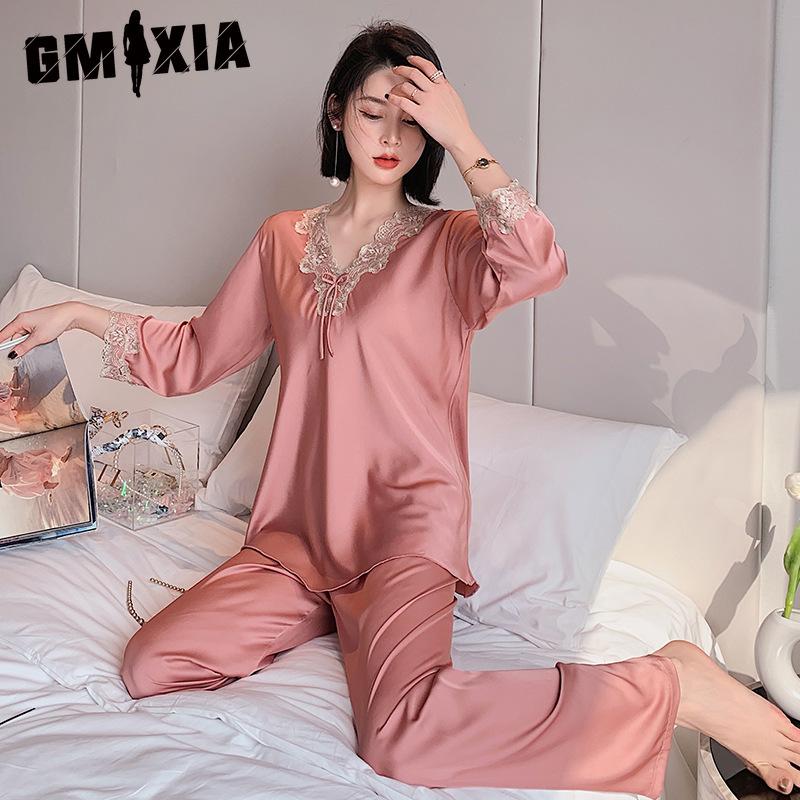 GMXIA Spring and Autumn Pajama Women's Long-sleeved Ice Silk Lace Sexy Loose Pullover Silk Home Wear Summer Pajama Sets