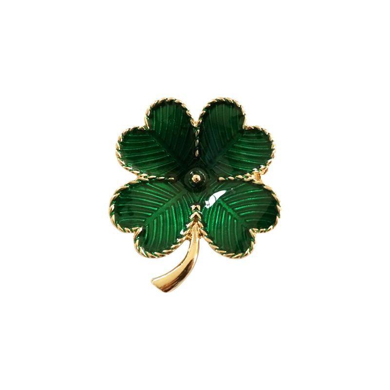 Natural Four-Leaf Clover Enamel Heart Brooch – Anti-Exposure Pin