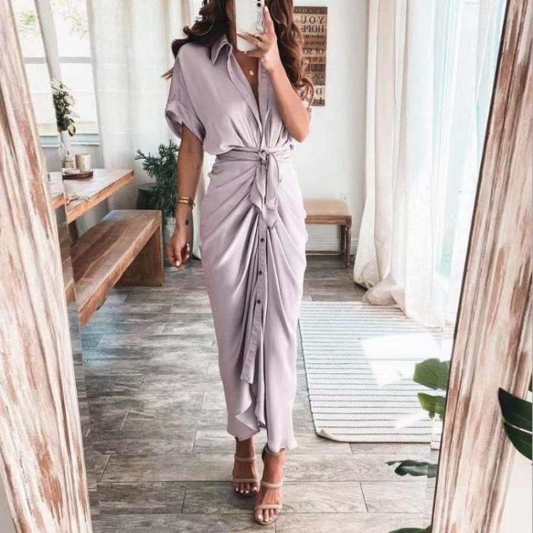 Fashion Women Elegant Turn Down Collar Shirt Dress Summer Short Sleeve with Slit Party Office Ladies Dresses