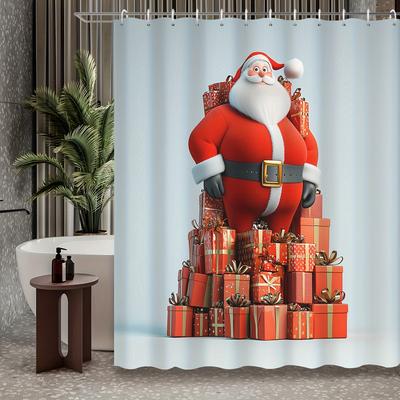 1pc Christmas Winter Decoration Mini Three-Dimensional Santa Claus A Pile of Gift Boxes Printed Shower Curtains, Contains