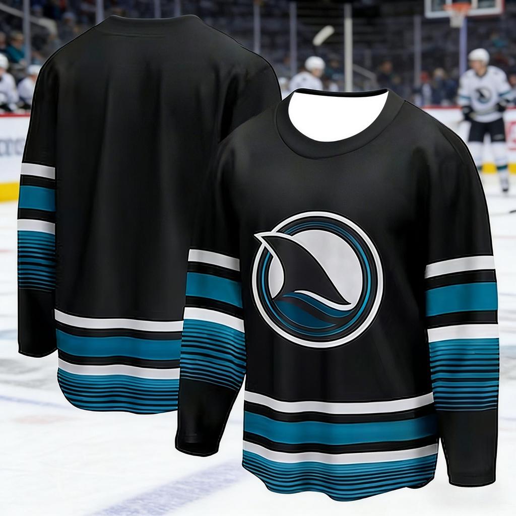 2026 Men's Best-Selling Ice Hockey Sport Shirt 3D Printed Shark Series Breathable Quick-Drying Black Long-Sleeved Top Kids