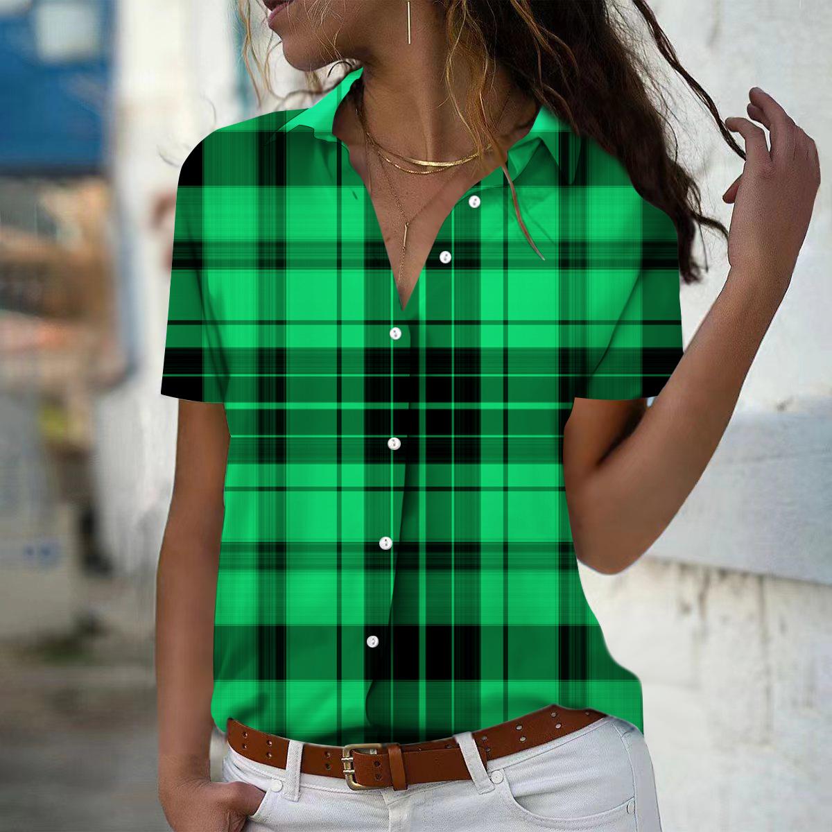 

2025 Літо Нова Мода Жіноча Сорочка Топ з Друкованим Клітчастим Візерунком, з Коротким Рукавом, V-подібним Вирізом, Повсякденна, на Ґудзиках XS зелений
