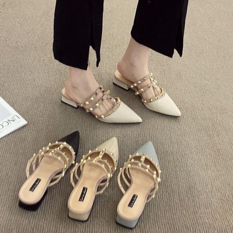 Premium sense rivet bag head half slippers women's spring and summer flat bottom outer wear patent leather pointed cold slippers