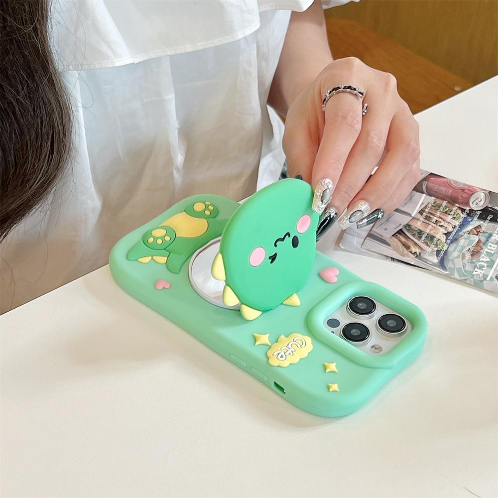 3D Schattige Dinosaurussen Verbergen Make-up Spiegel Hoesje voor IPhone 16 Promax 15 14 13 Pro Plus Cartoon Schokbestendig Achterkant Hoesje