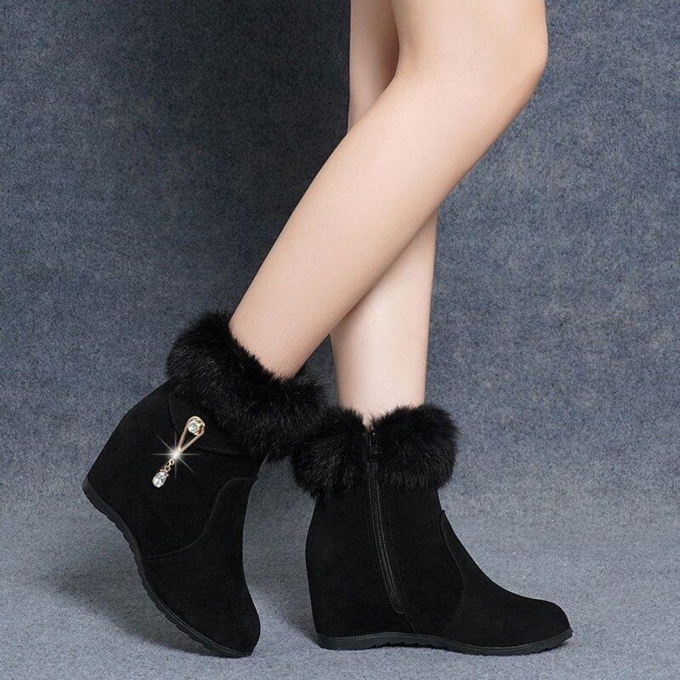 Fashion Black High Heels Booties Add Cotton Women's Snow Boots Rhinestone Ladies Shoes Work Y2k On Offer Furry New Rock Footwear Sale