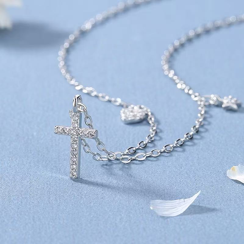 New 925 Sterling Silver Necklace Cross Shape Women Pendant Simple Personality Choker Religious Faith Accessories Fine Jewelry