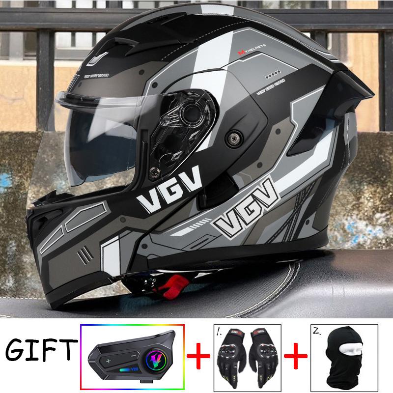 VGV Double Lens flip up helmet Openable motorcycle helmet come with wireless headset gloves headgear Value Promotional Packages
