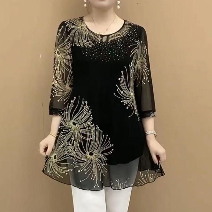 Mom's Plus Size Summer Mesh Print Mid-Length T-shirt