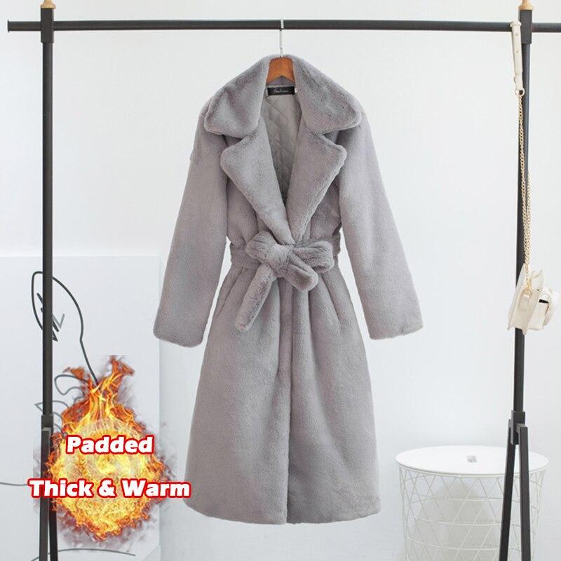 Damski zimowy ciepły płaszcz ze sztucznego futra gruby damski długi płaszcz skręcić w dół kołnierz damski ciepły płaszcz z paskiem Casaco Feminino