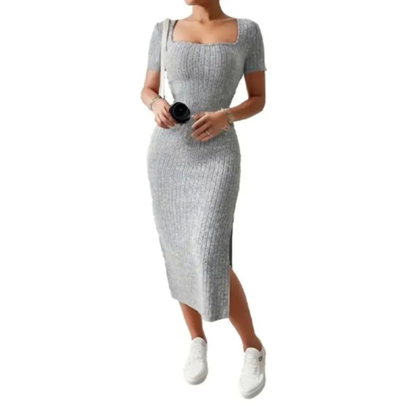 Women's Square Neck Split Hip Dress Square Collar Slim-Fit Slit Hip-Wrapped Dress Female