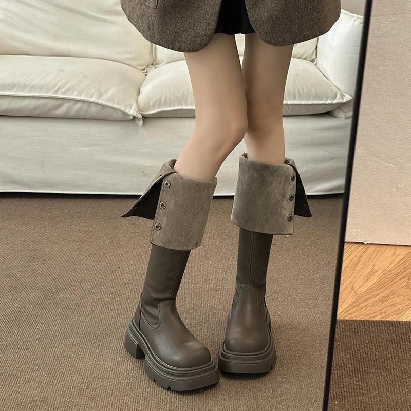 2024 Winter Women's Over-the-knee High Boots Solid Color Slip-ons for Women Elegant Thick-soled Boots Short Plush Women's Shoes