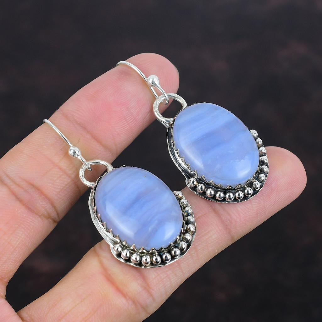 Blue Lace Agate Earrings Gemstone Earring Decent Jewelry 925 Sterling Silver Earrings Handmade Earring Antique Drop Earring Engagement Gifts