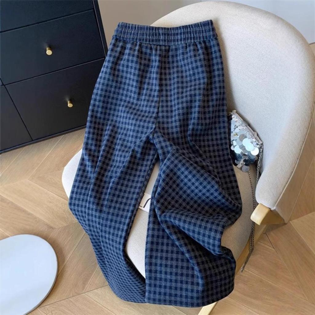 Women's Navy Blue Plaid Fleece Pants - Autumn/Winter Petite Retro Drawstring, Casual Floor-Length Lazy Style.
