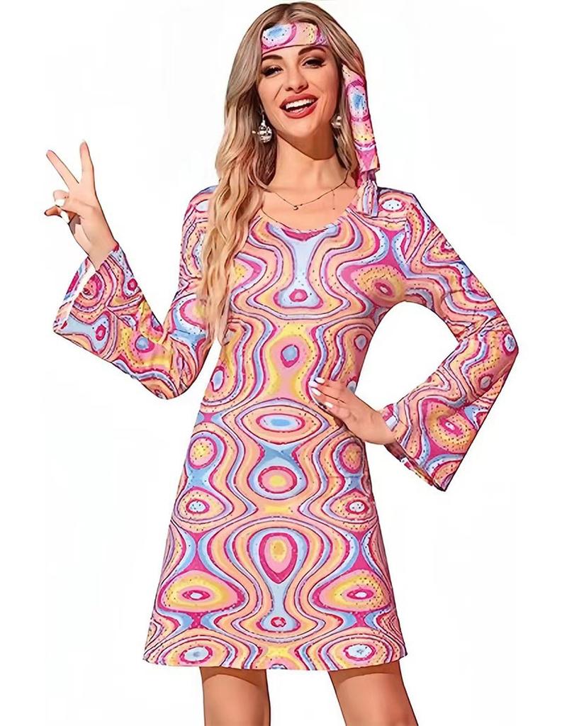 New Women's Halloween Vintage Hippie Trumpet Sleeve Printed Women's Dress