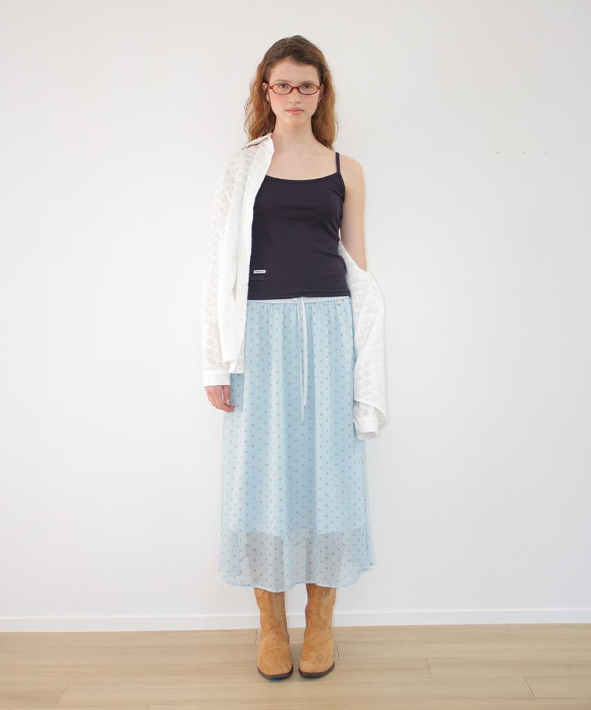 Ronron Sheer Pattern String Long Skirt Dot Blue