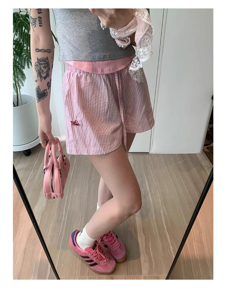 Hong Kong Style Striped Embroidered Drawstring Wide-Leg Shorts for Women - Casual, Versatile, and Lightweight