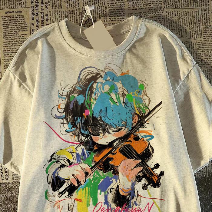 

Summer Cartoon Violin Print Short Sleeve Tshirt Loose Top Fashion Simple Unisex and Women Tshirt 3XL