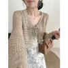 Fashion Sunscreen Knitted Cardigan Women's Hollow Blouse Vest Elegant Summer Thin V-neck Drawstring Air-conditioned Lace Shirt Shawl Short Tops