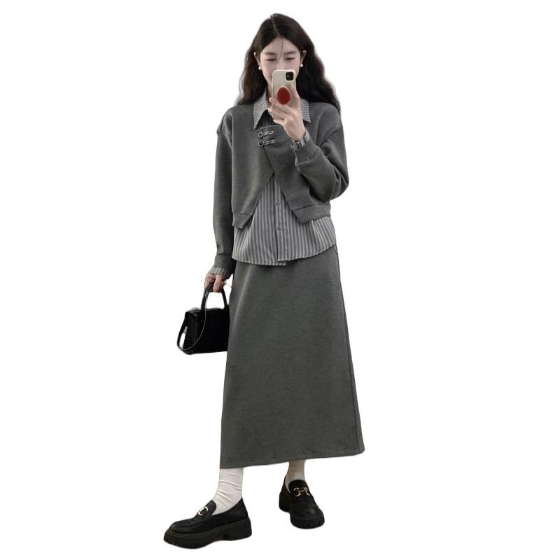 2025 Plus Size Autumn Fashion: Two-Piece Set with Spliced Shirt & Midi Skirt