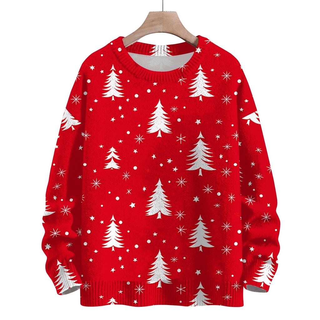 Women's Fashion Round Neck Casual Long Sleeve Christmas Cute Printed Woolen Knit Top