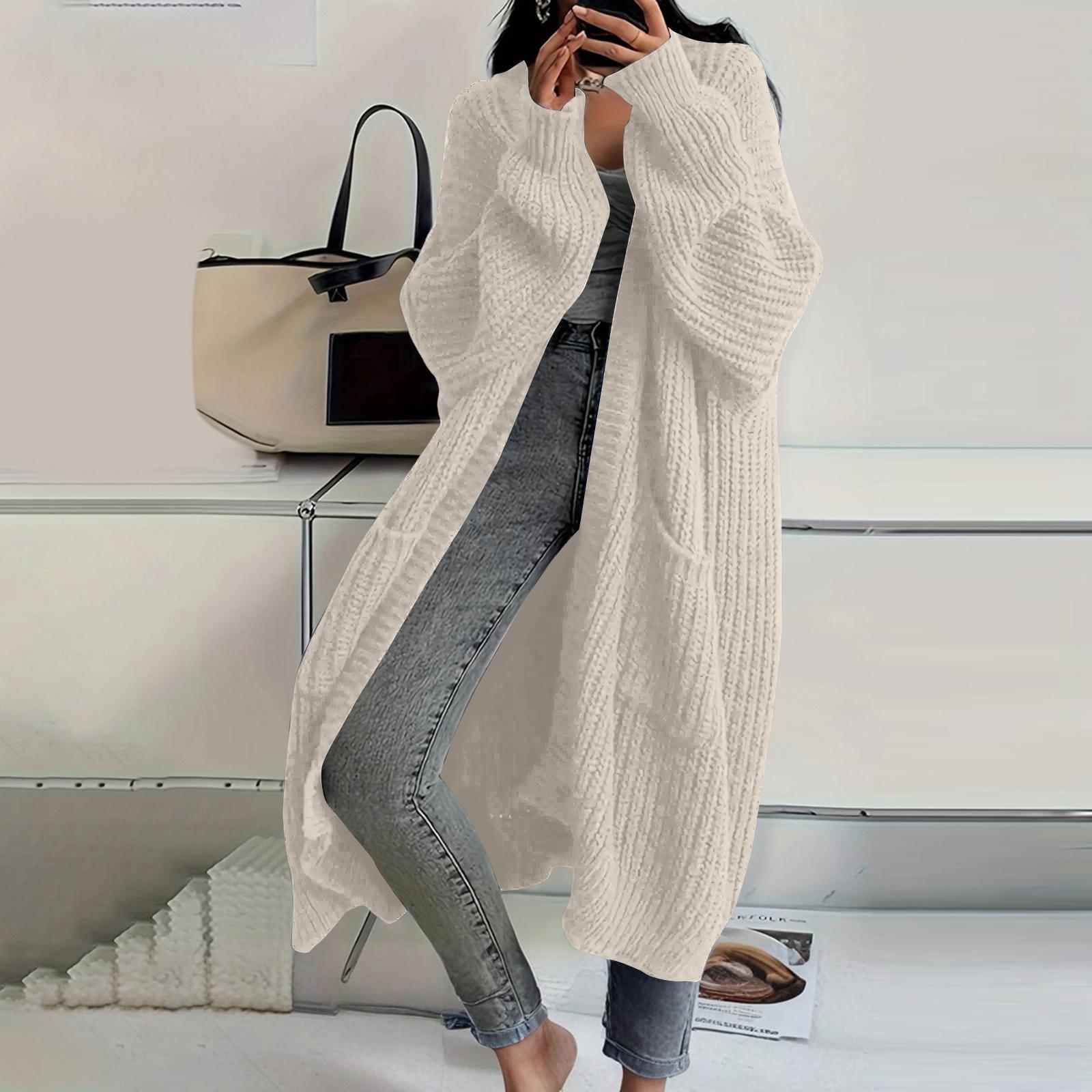 

Женский однотонный кардиган машинной вязки с длинным рукавом до колена, ленивый тренд, куртка для волос средней длины L бежевый