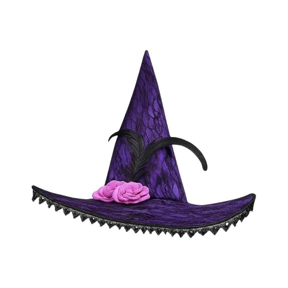Lace Halloween Witch Hat Foldable Feather Halloween Cap Creative Flower Wizard Cap  Halloween Party