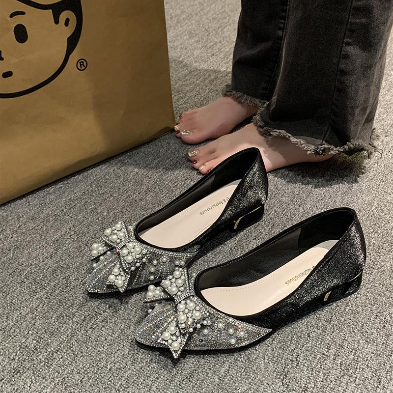 Fashion Pointy Bow Single Shoes Women 2025 New Crystal Pearl Rhinester Bridesmaid High Heel Work Shoes