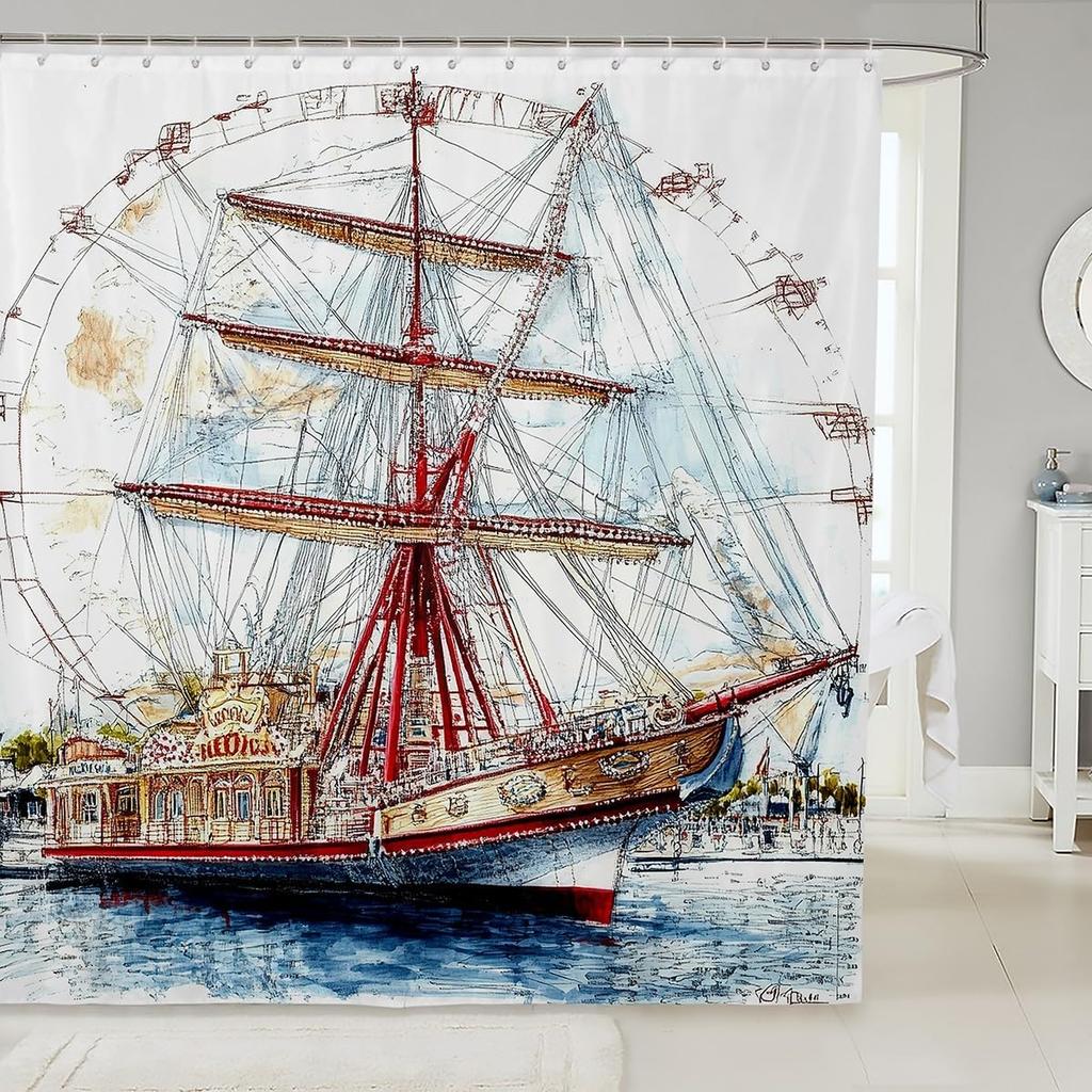 Cartoon Circus Bathroom Curtains Happy Holiday Shower Curtain Sets for Kids Boys Girls Funny Ferris Wheel Shower Curtain Funny