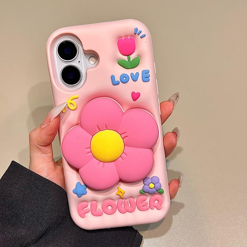 Cute 3D Flower Holder Stand Soft Silicone Phone Case For iPhone 13 14 15 16 17 Pro Max Shockproof Back Cover