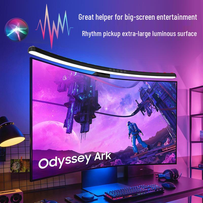 Curved Screen Hanging Lamp with Seven-Color LED, Sound-Reactive Rhythm, and Eye Protection Features.