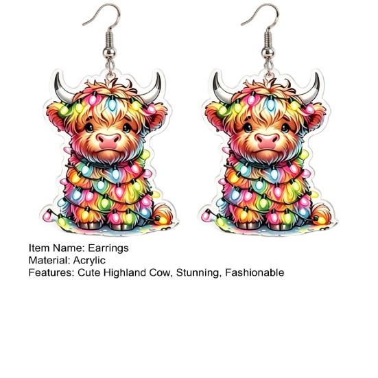 Childlike Festive Style Jewelry 1 Pair Acrylic Highland Cow Christmas Earrings for Women, Cute Scottish Cattle Holiday Gift Her Dangle Drop Earrings,