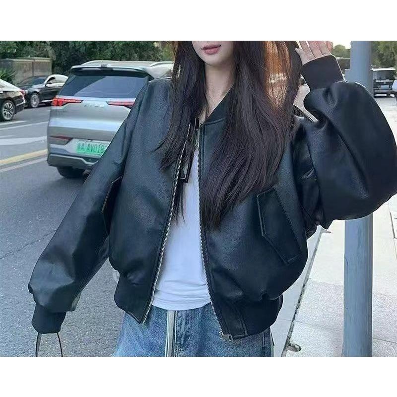 Women S Black Short Long Sleeve Baseball Faux Leather Jacket