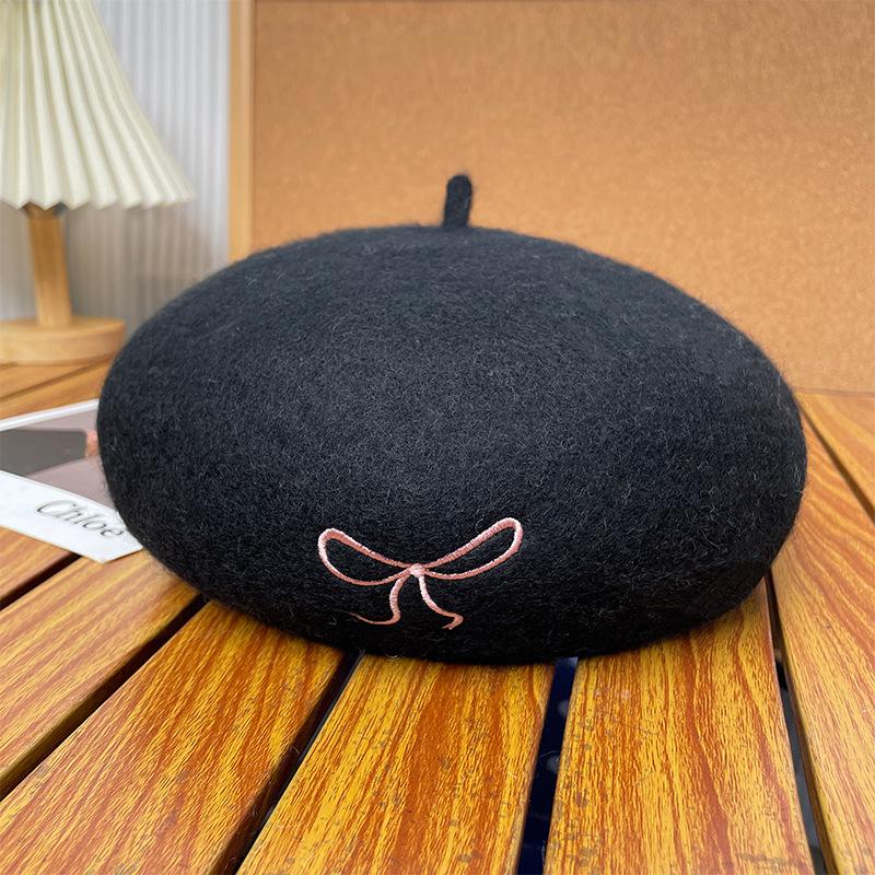 Autumn and Winter Cute Bow Embroidered Woolen Beret Simple and Versatile Japanese Style Sweet Style Painter Hat
