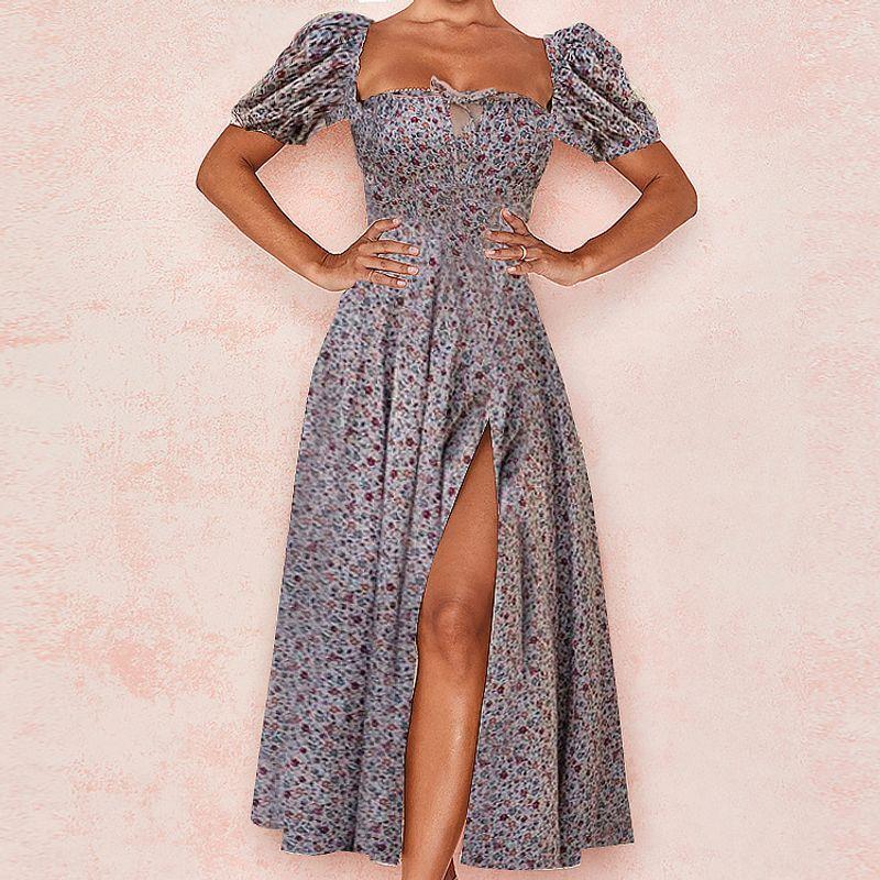 European and American Pastoral Style Sexy Square Collar Lace-up Small Floral Print Slim fit Puff sleeve Temperament High Slit Dress Women