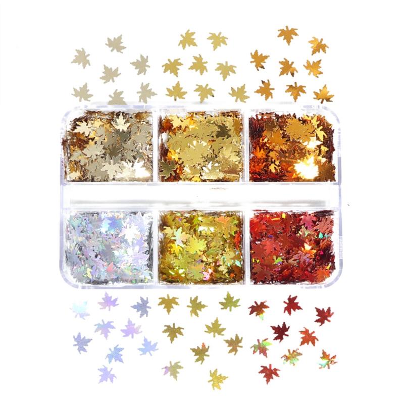 6 Grid Boxed Laser Color Nail Sequins Leaves 2021 Fall Christmas Thanksgiving