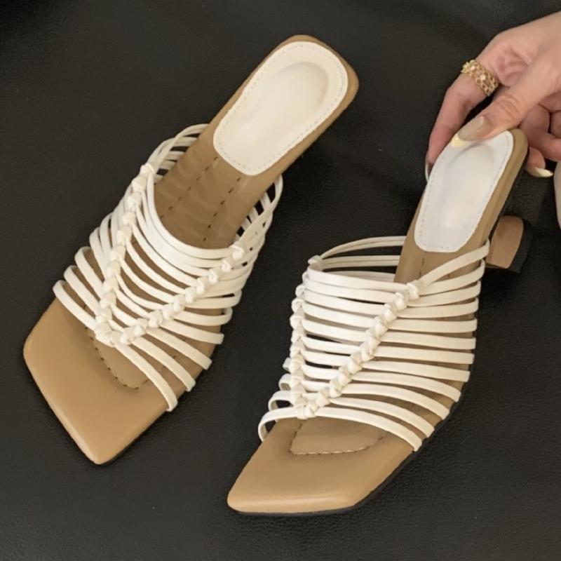 Fashion Retro Narrow Band Woven Slippers Women Fashion Square Toe Open Toe Slide Sandals Roman Style High Heeled Sandal Zapatos De Mujer