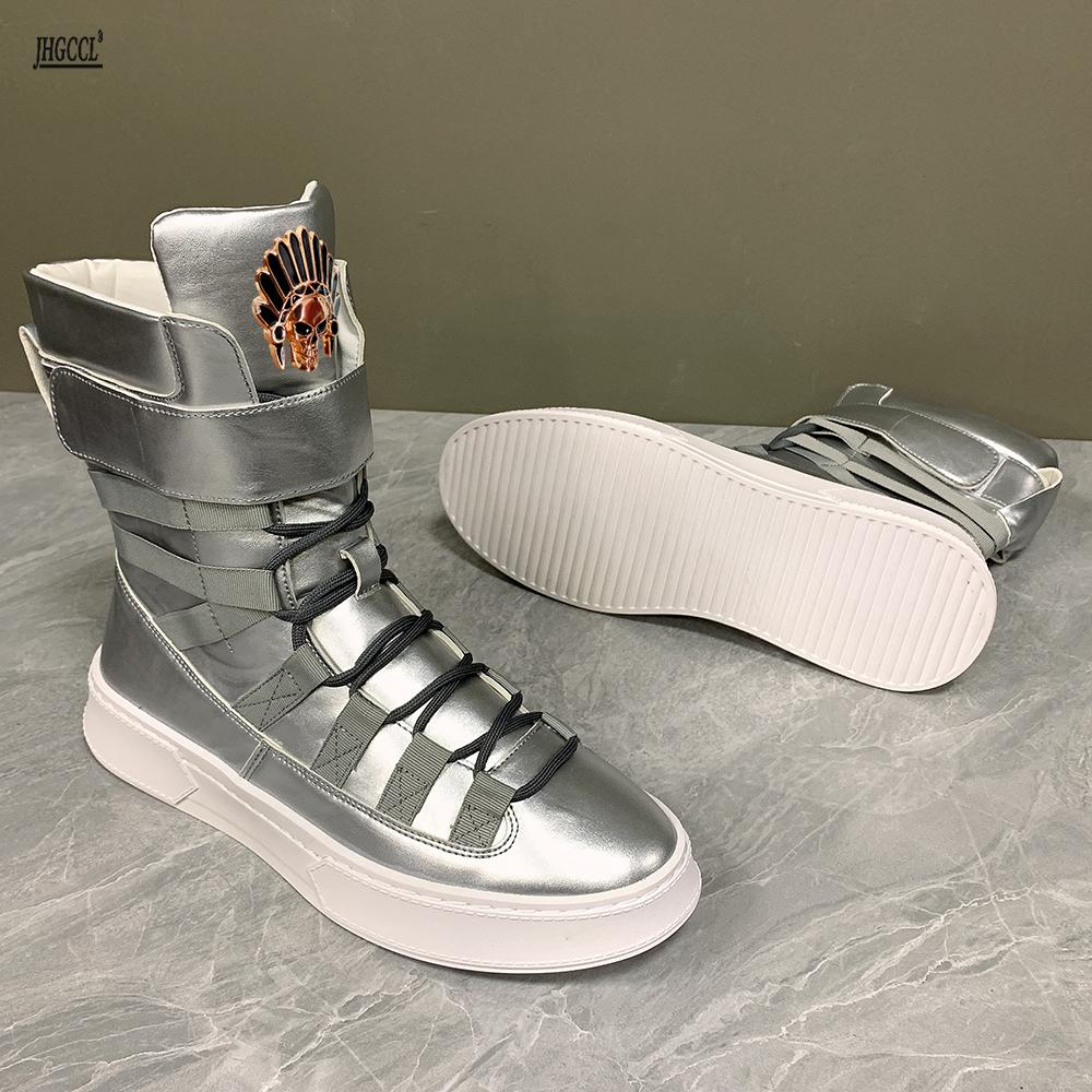 

New high-top shoes for men with mid-length board shoes increase casual leather boots white riding boots zapatillas hombre A6 37